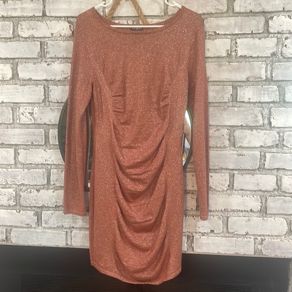 Express brownish orange shimmer long sleeve stretch dress, scalloped, size large